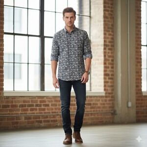 7 Diamonds Mens Long Sleeve Button Down Shirt Grey Blue Geometric Pixel Camo S